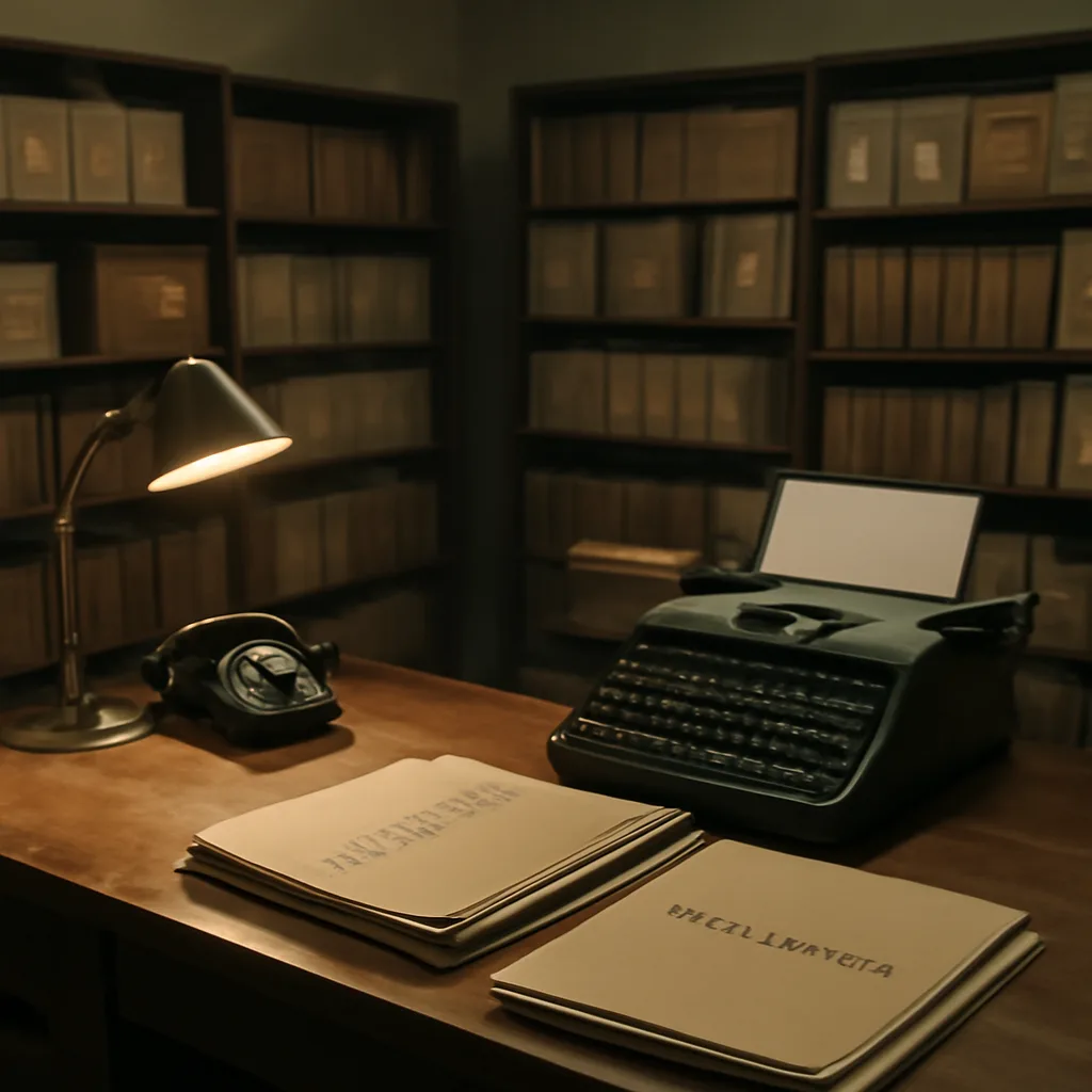 A mid-1970s government office scene with stacks of declassified files and a typewriter on a wooden desk, representing archival investigation into CIA human-subjects programs.