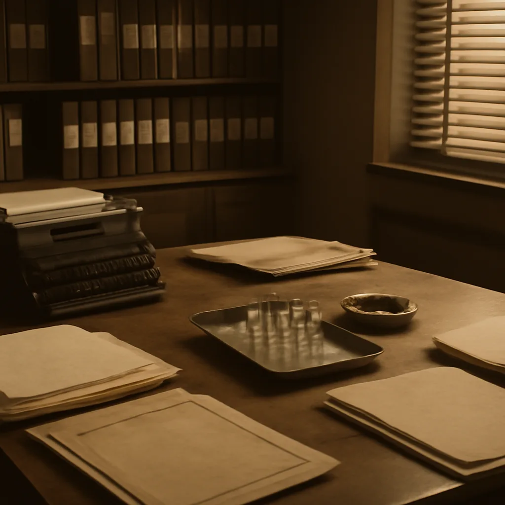 1970s-era government office with folders, medical vials on a tray, and a report labeled 'investigation' on a desk—neutral, archival scene indicating Cold War-era research and oversight.