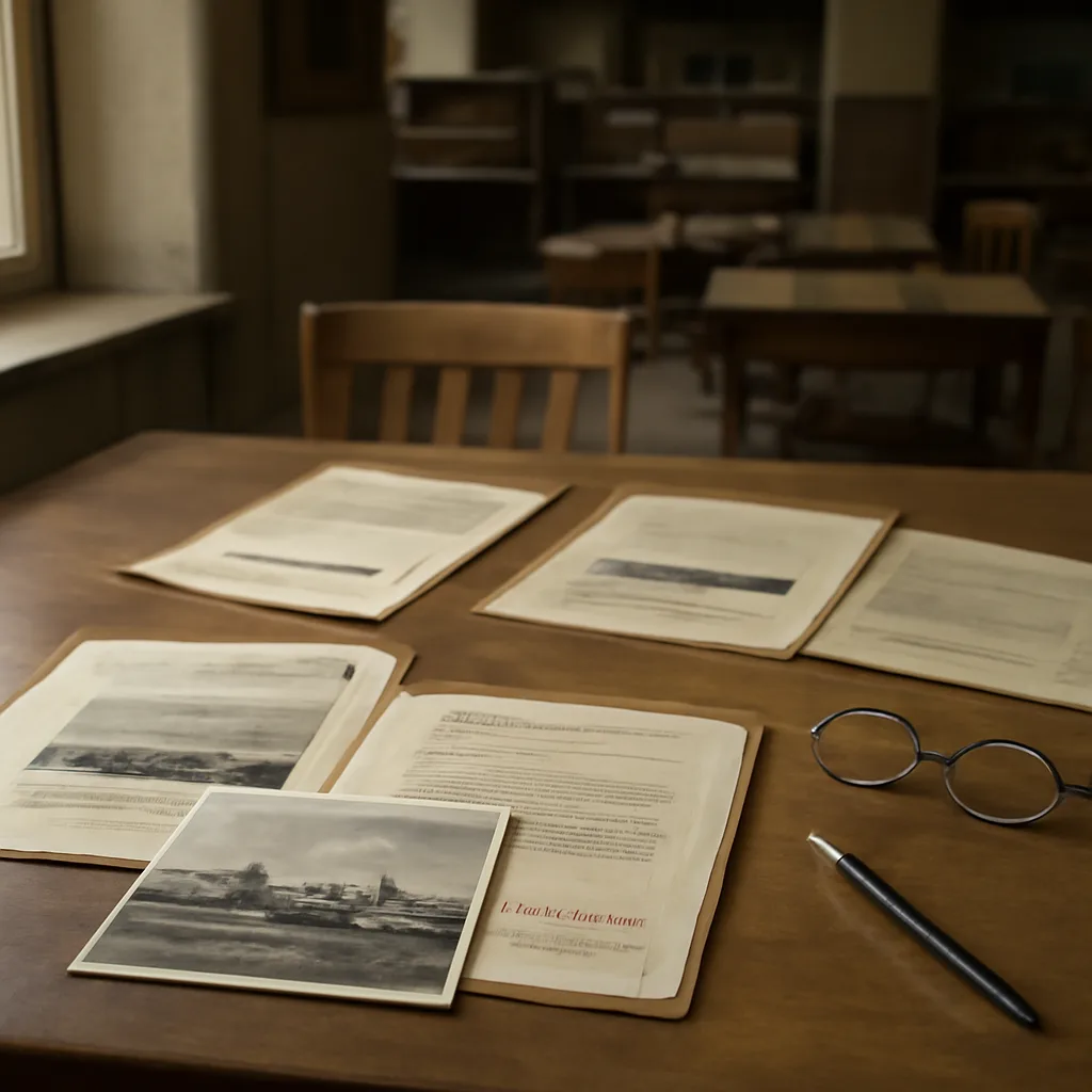 Historic archival scene: a stack of declassified government documents stamped and redacted, a black-and-white photo of Havana harbor from the 1960s, and a pair of reading glasses on a wooden table.