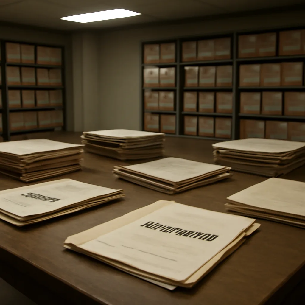 Stacks of declassified government documents and redacted pages spread on a table, with a plain government archive folder labeled 'Declassified' visible.