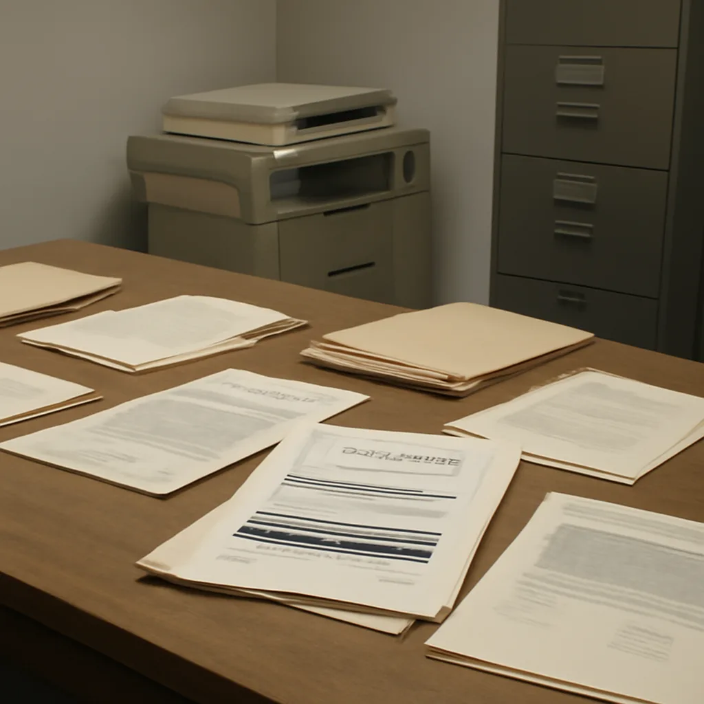 Stacks of declassified government folders and typewritten memos labeled with archival markings on a plain table, circa late 20th century.