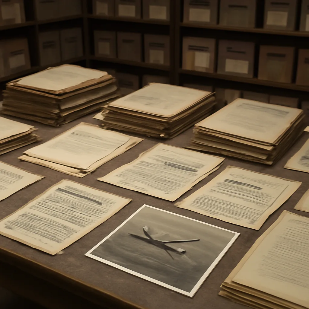 Stacks of declassified CIA documents and typewritten reports spread on a table, labeled with dates from the 1940s to the 1990s, alongside a black-and-white aviation photograph.