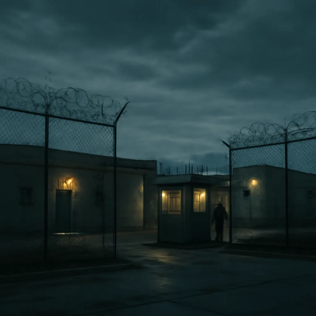 Exterior of a nondescript government or compound building at dusk, guarded perimeter fence, minimal signage, subdued lighting conveying secrecy.