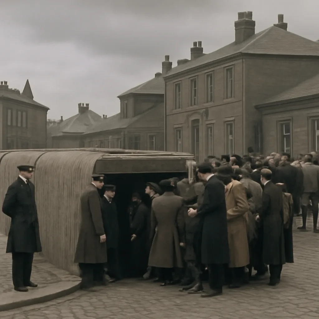 Civilians entering a low, reinforced concrete air-raid shelter entrance beside a street in a British town, early 20th-century clothing and horse-drawn vehicles visible.