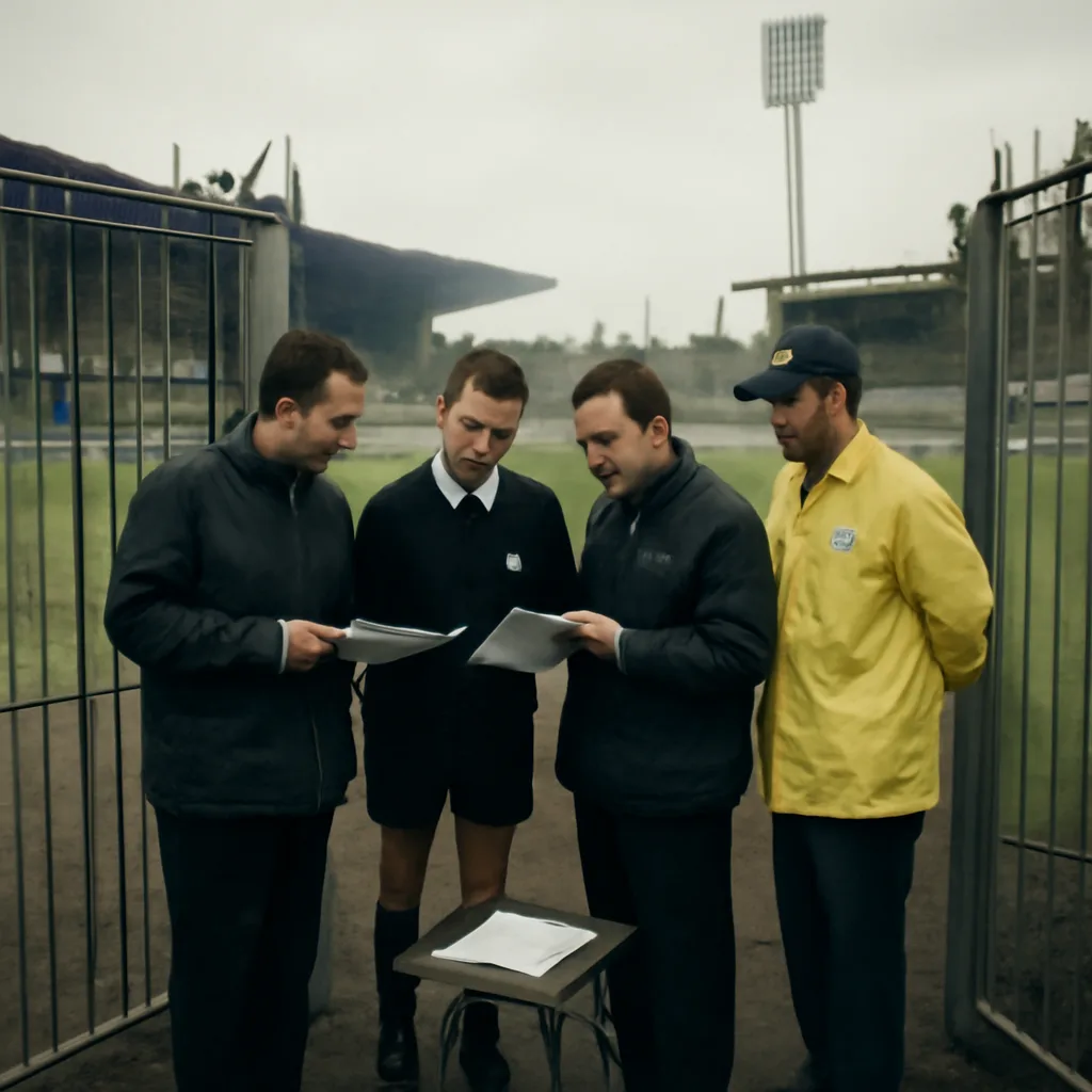 A mid-1990s soccer team bench and match officials reviewing paper team sheets at a stadium entrance