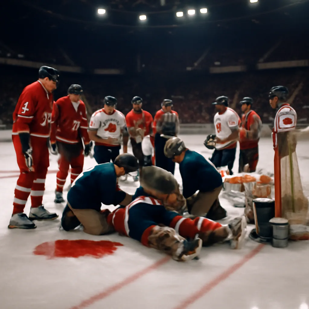 Ice-rink scene showing emergency responders and players gathered around a goaltender on the ice during a 1980s-era NHL game, with blood on the ice and arena seating in the background.