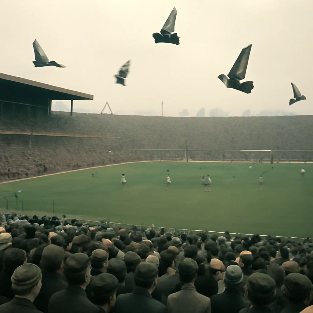 A mid-20th-century football stadium scene with multiple carrier pigeons released above the pitch as players and spectators look on; stadium architecture and clothing indicate the era without focusing on identifiable faces.