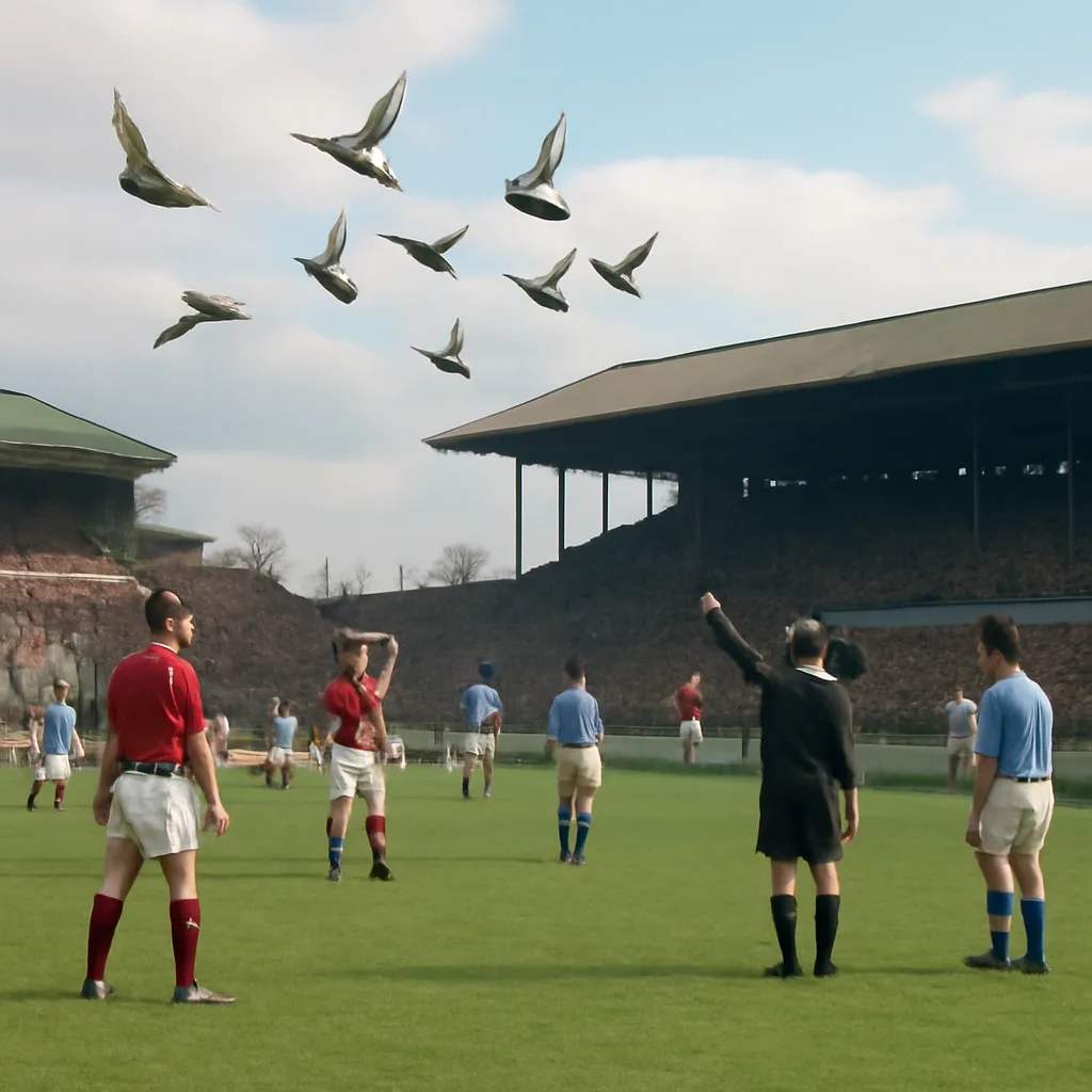 A 1960s-era soccer stadium pitch with several small birds in flight above the grass and players paused as officials oversee the scene.