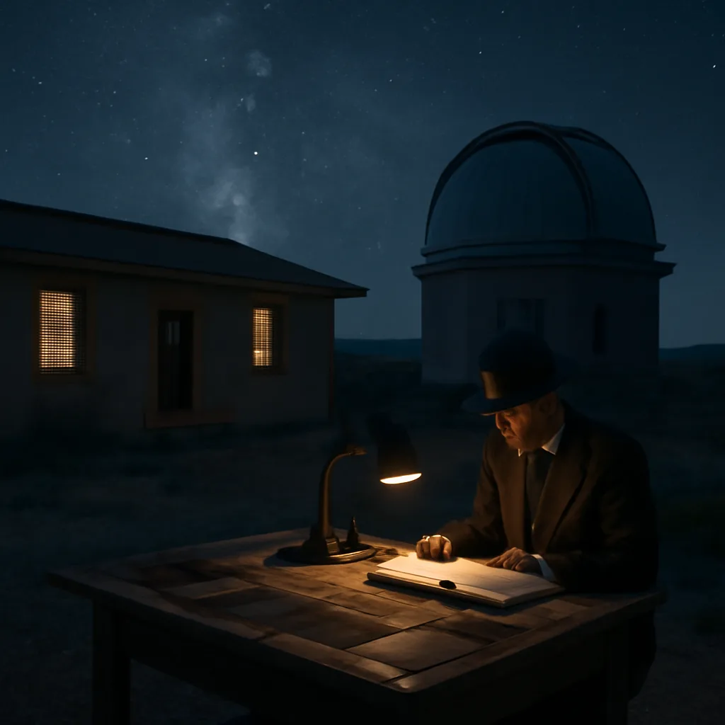 Lowell Observatory telescope and an astronomer’s workbench with photographic plates and a blink comparator, circa 1930; desert observatory buildings under a clear night sky.