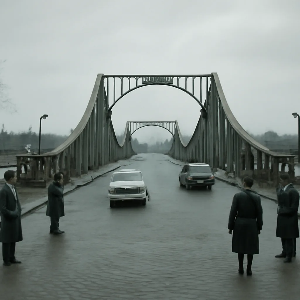 Glienicke Bridge spanning the Havel River with surrounding winter-bare trees and a line of vehicles and uniformed escorts at the bridge approaches, seen from a low riverside vantage point.