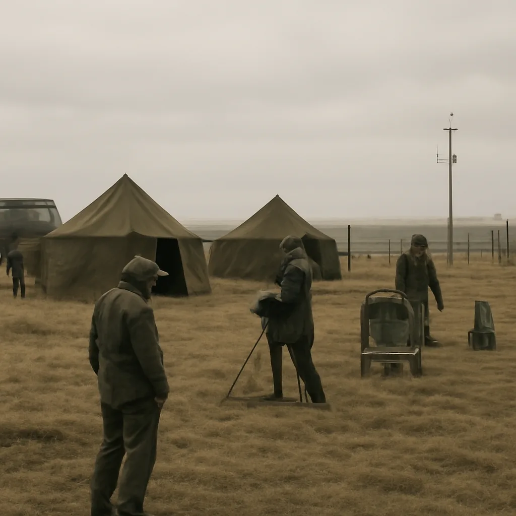 Cold War-era scene showing military technicians with monitoring equipment and a distant, clouded sky above a fenced test site; 1960s-era vehicles and structures visible, no identifiable faces.