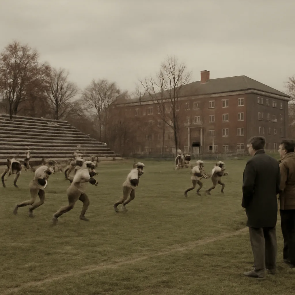 A college football practice field with players in drills and staff on the sideline; empty bleachers and a nearby campus building visible in the background.