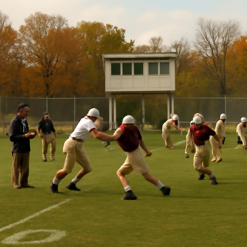A college football practice field with coaches and players in non-identifiable clothing; a sideline camera tripod and a fence separating the practice from a spectator area.