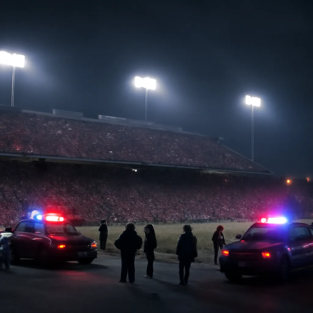 Wide exterior view of a packed football stadium at night with police vehicles and flashing lights visible outside near an entry gate; fans in stands, no identifiable faces.
