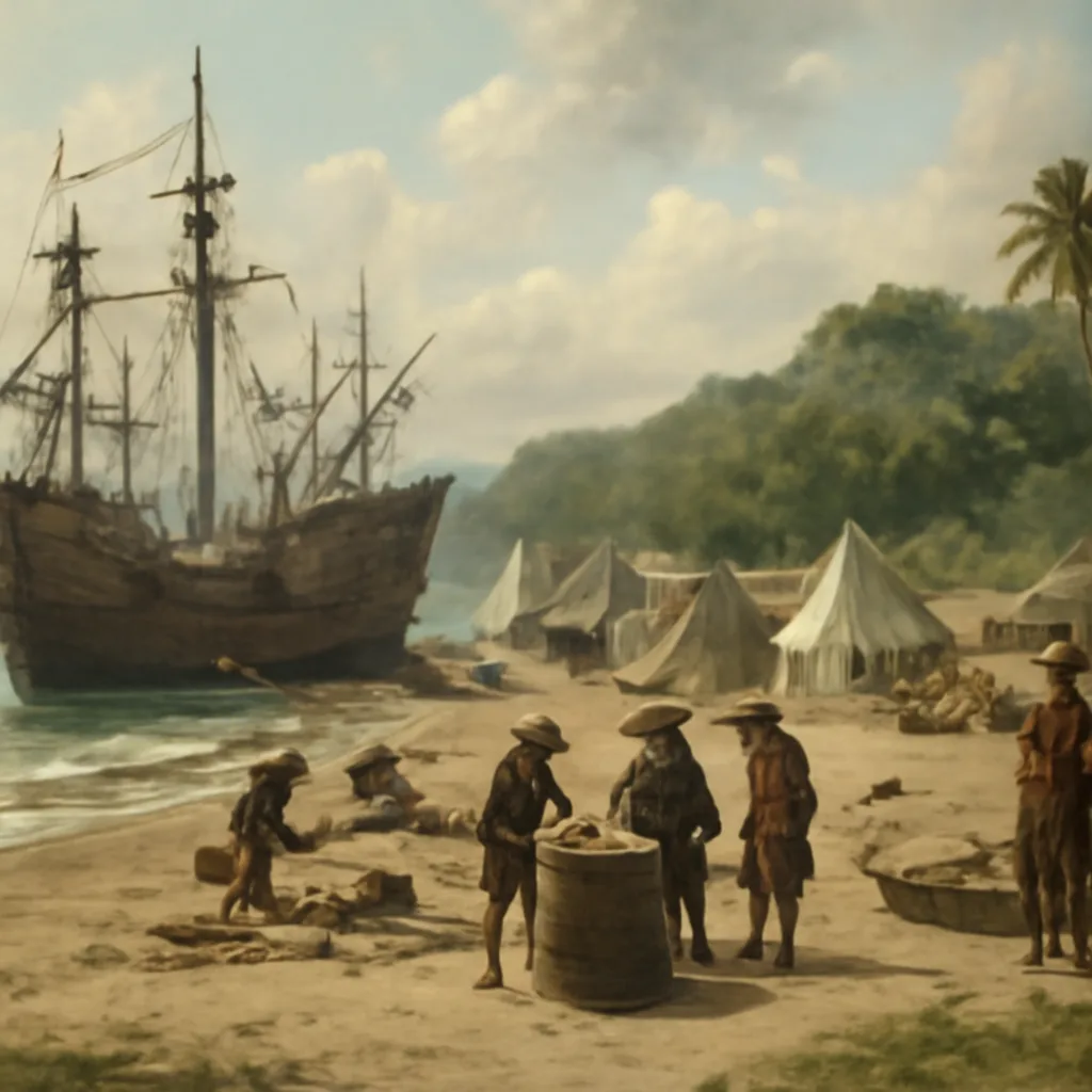A small European encampment on a Jamaican shoreline in early 16th-century style: grounded wooden ships at high tide, tents and lean-tos, sailors and officers in period seafaring attire, and distant Taino canoes along the shore.