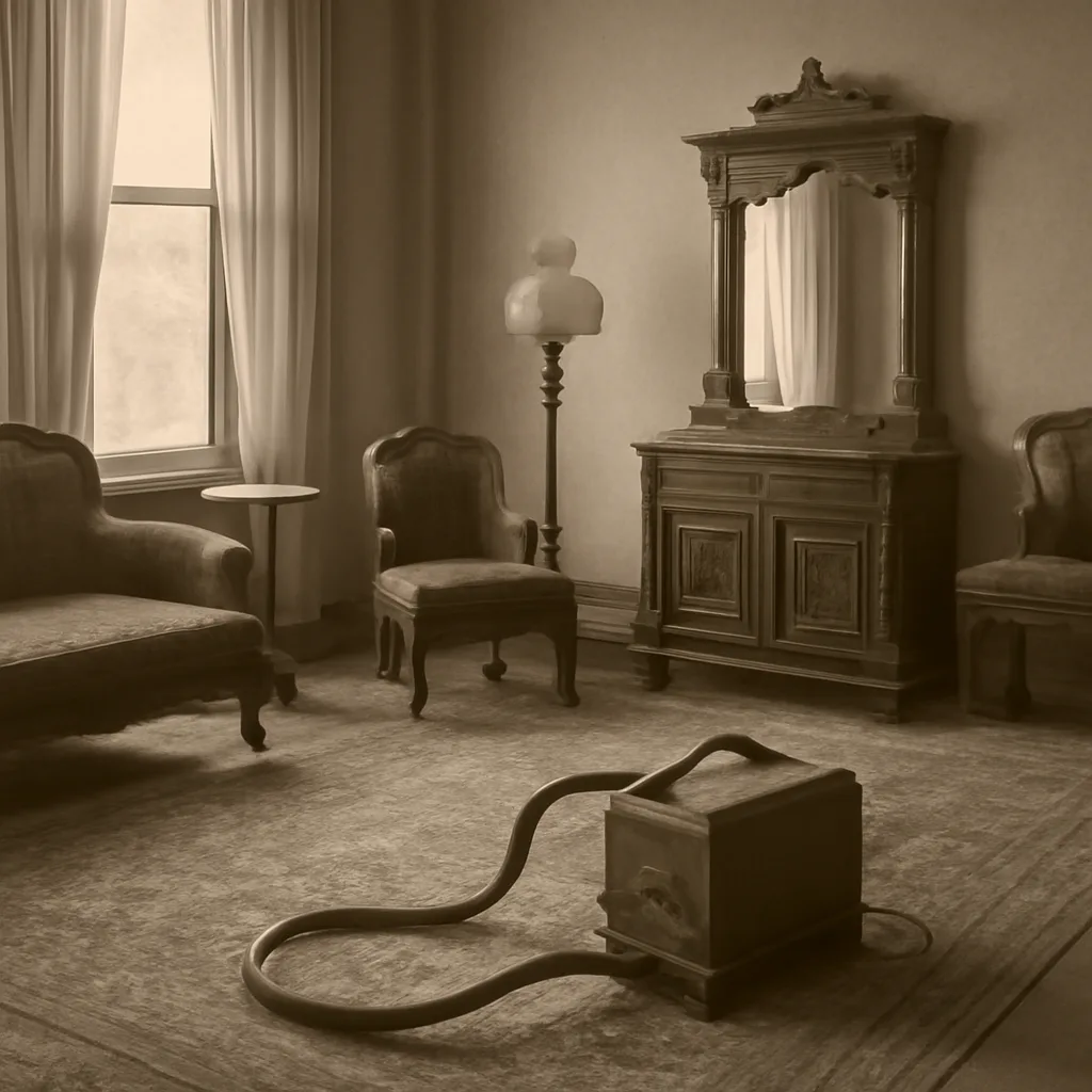 Early 20th-century domestic scene showing a home interior with period furnishings and an electric vacuum cleaner on the floor; a boxy, corded machine with a hose and nozzle is visible next to a rug.