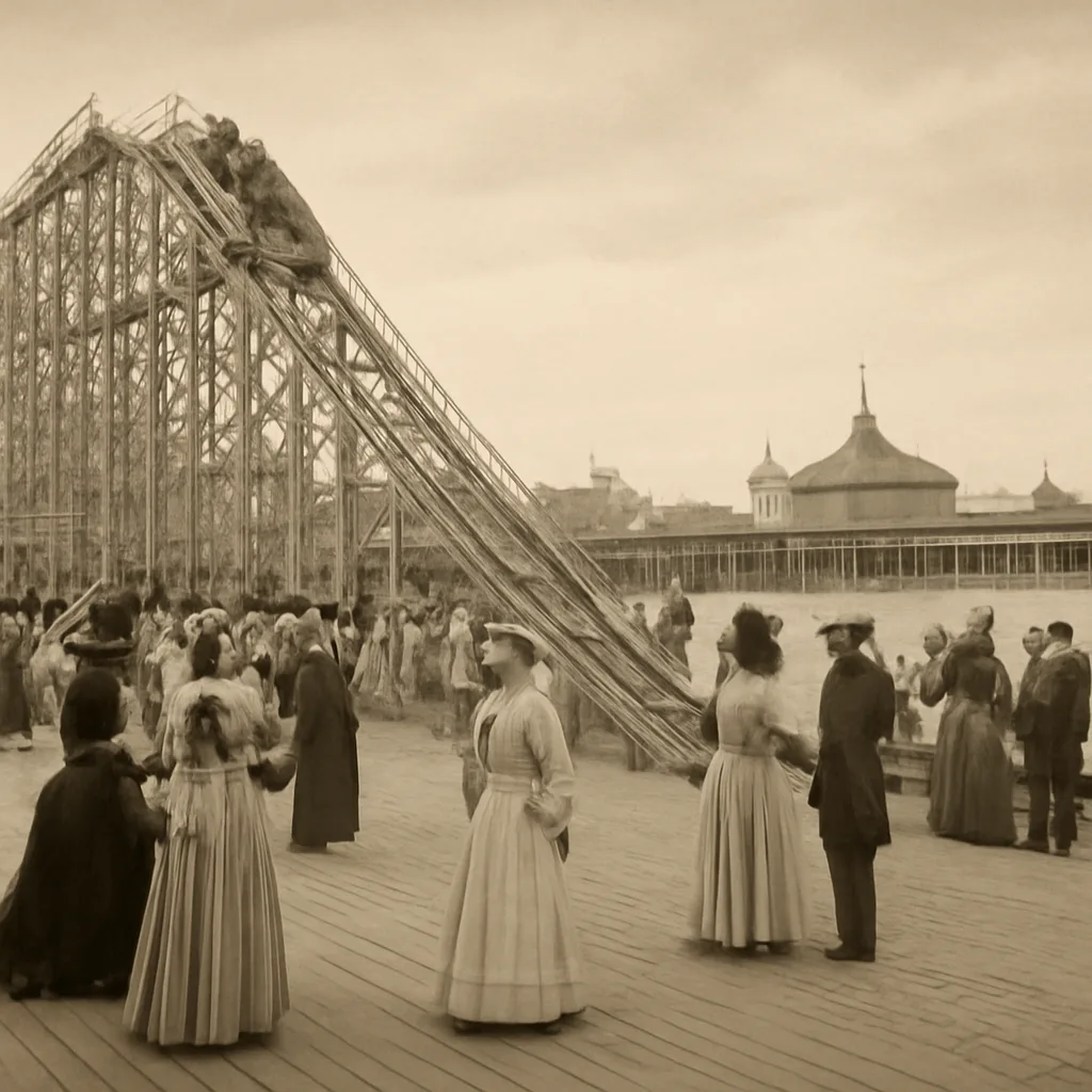 A late 19th-century wooden gravity railroad at Coney Island with raised wooden track, simple wheeled cars, and a crowd of period-dressed spectators and beachgoers in the background.