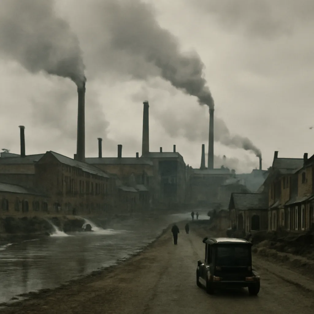 Early 20th-century industrial riverside scene with factory chimneys emitting smoke and a nearby residential area; grey sky and murky water visible.