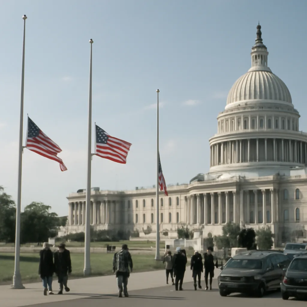 United States Capitol building exterior on a clear day in late September 2001, with flags at half-staff; people and vehicles on nearby streets.
