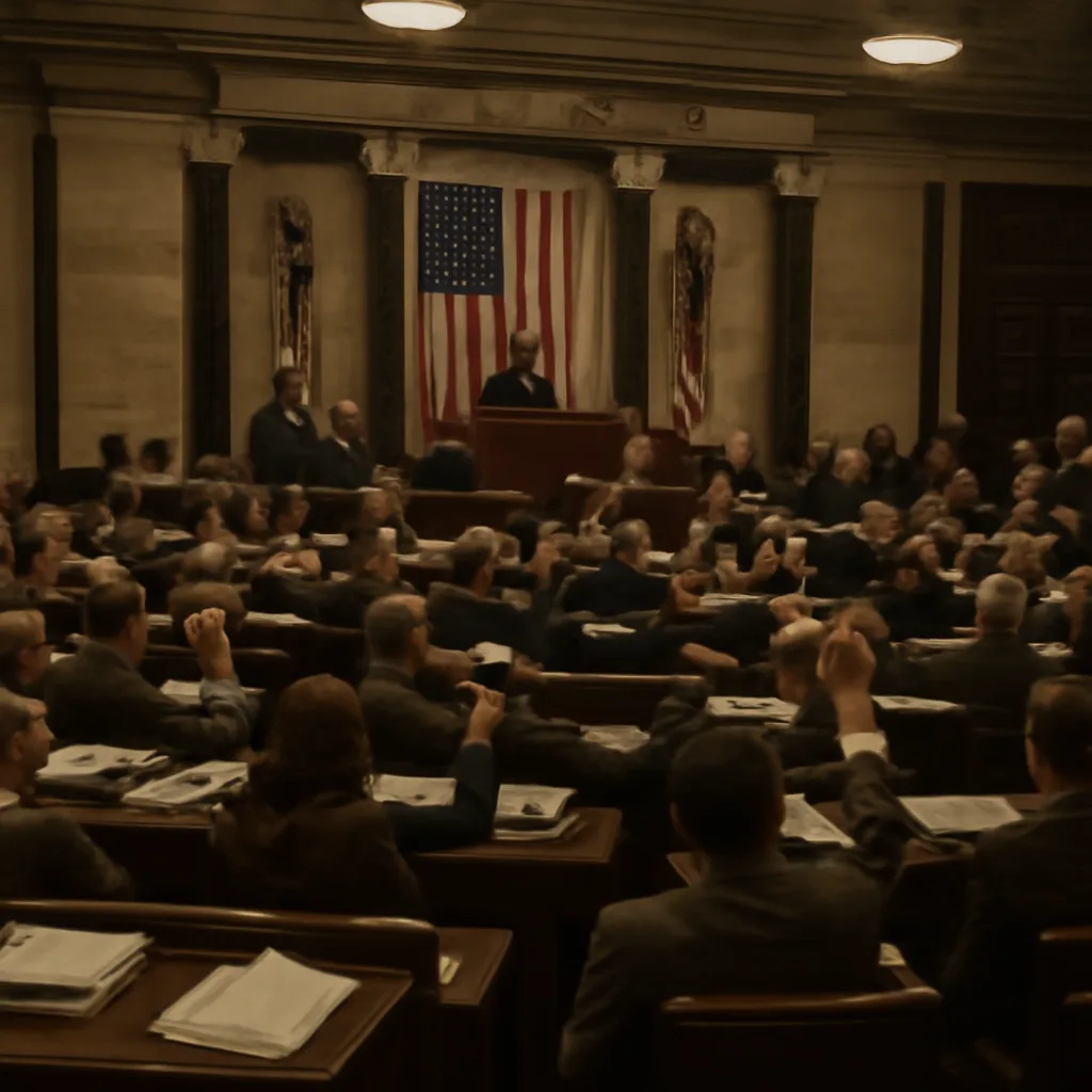 1970s congressional chamber with legislators voting, stacks of documents on desks, and period-appropriate suits and ties.