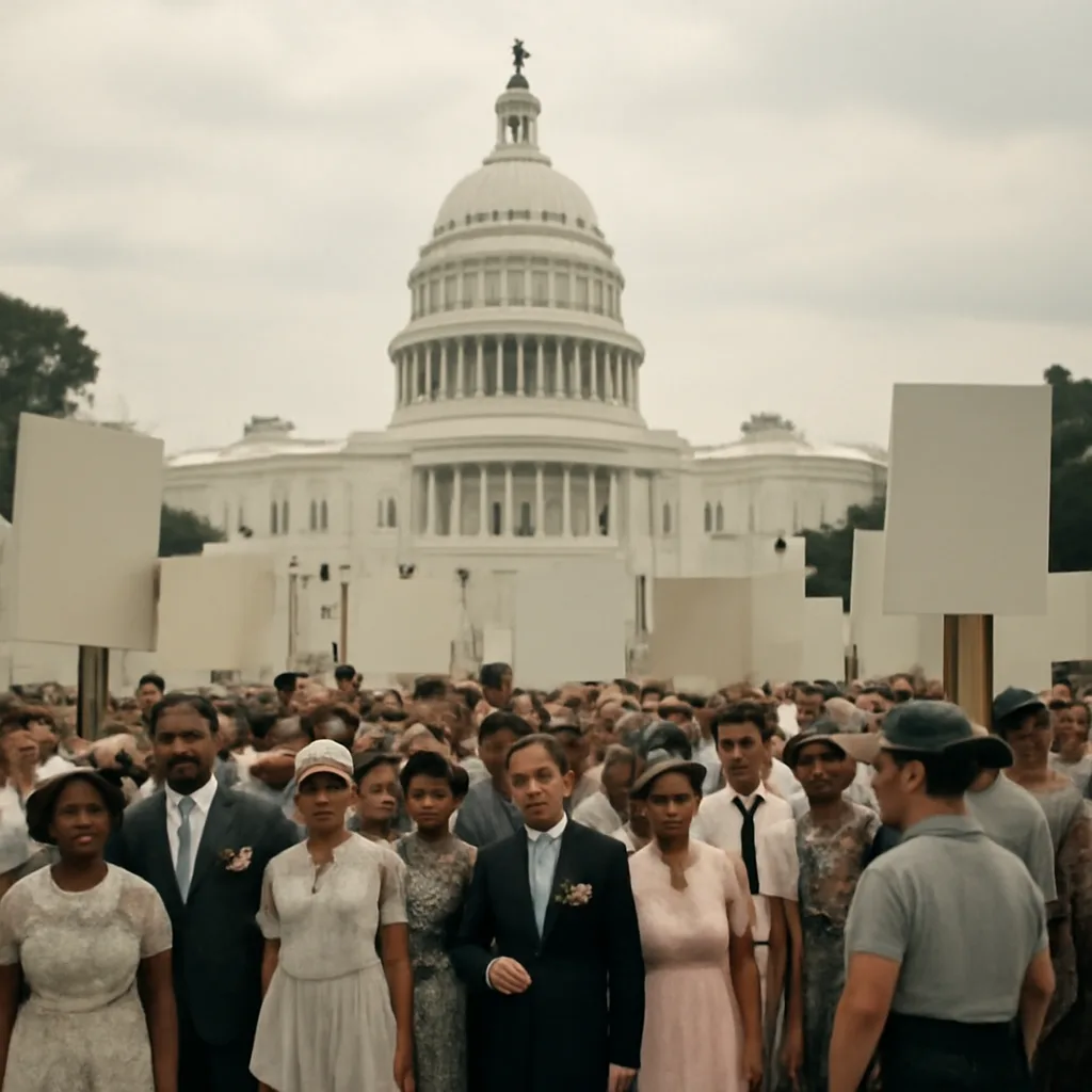 Crowd outside the U.S. Capitol and lawmakers in 1964-era dress during congressional deliberations on civil rights legislation, showing banners or signs calling for equality but no identifiable faces.