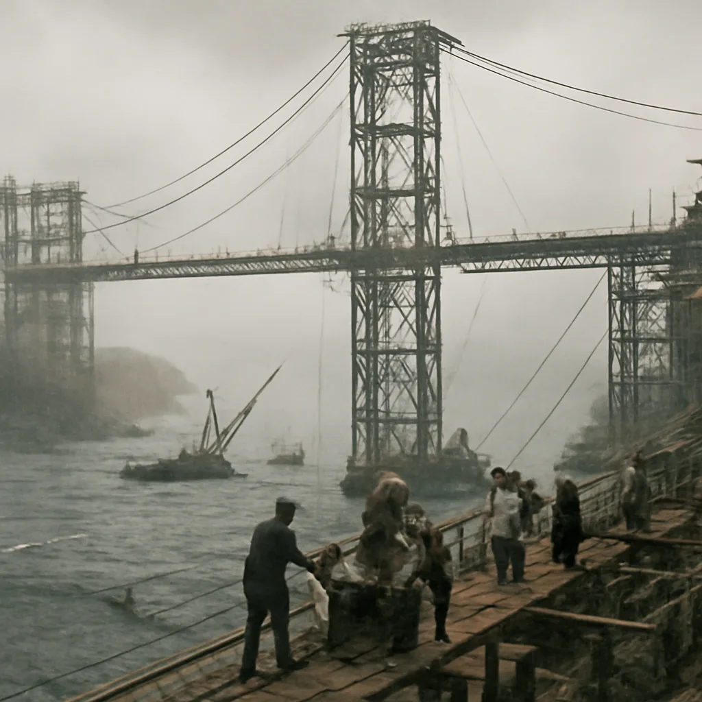 Workers and construction equipment at an early 20th-century suspension-bridge site over a foggy strait, with tower scaffolding, cables being spun, barges in the water, and a safety net beneath the deck area.