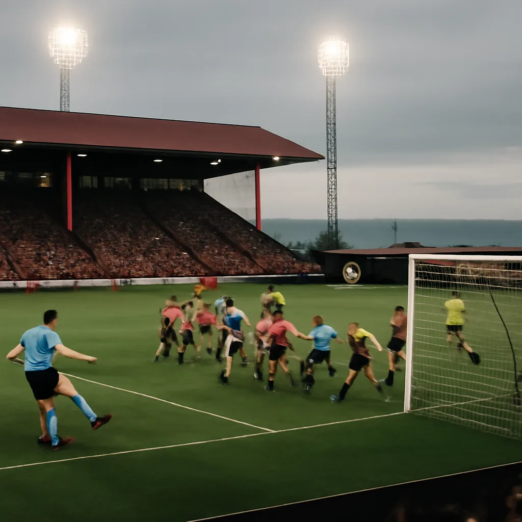 Southampton free-kick striking the underside of the crossbar with players and goalkeeper near the goal mouth at St Mary’s Stadium, January 2005.