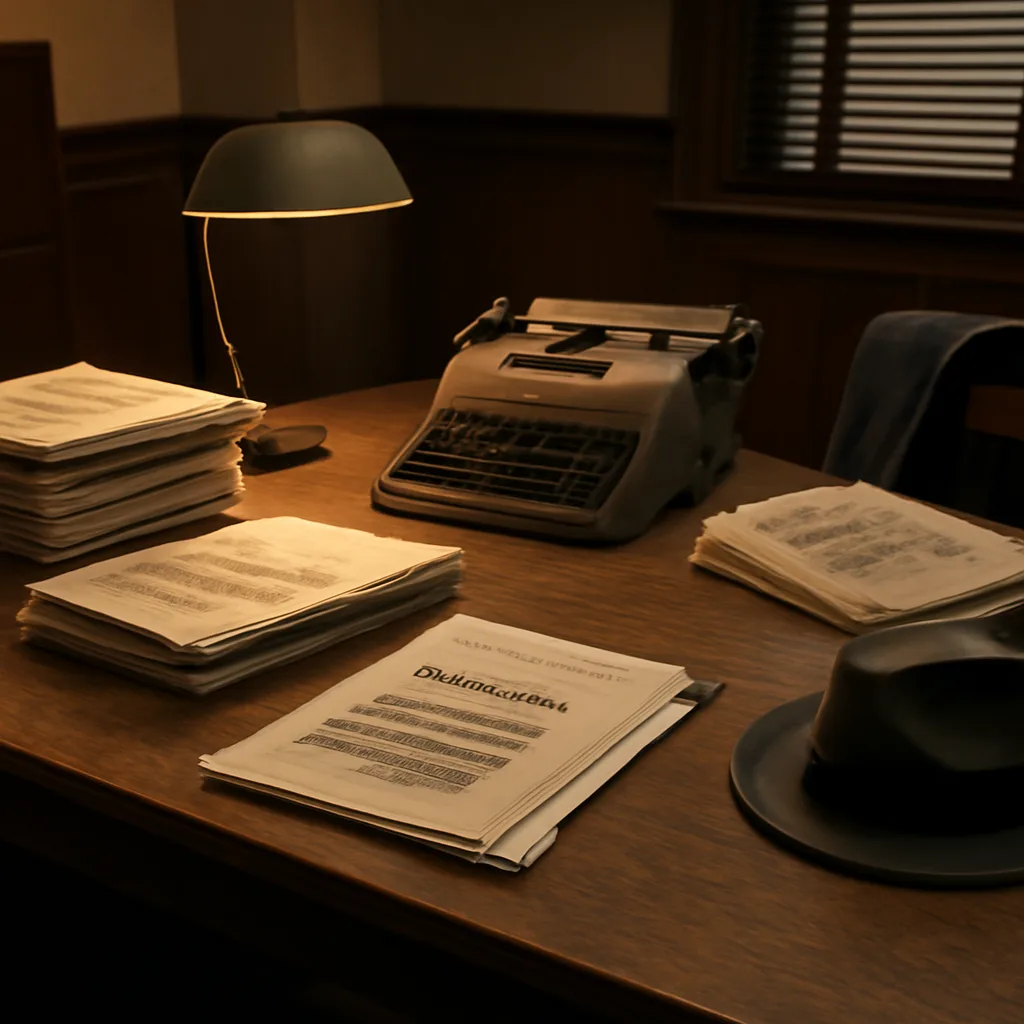 Stacks of declassified government documents and newspapers on a wooden table with headlines about the Pentagon Papers, mid-20th century office lighting.