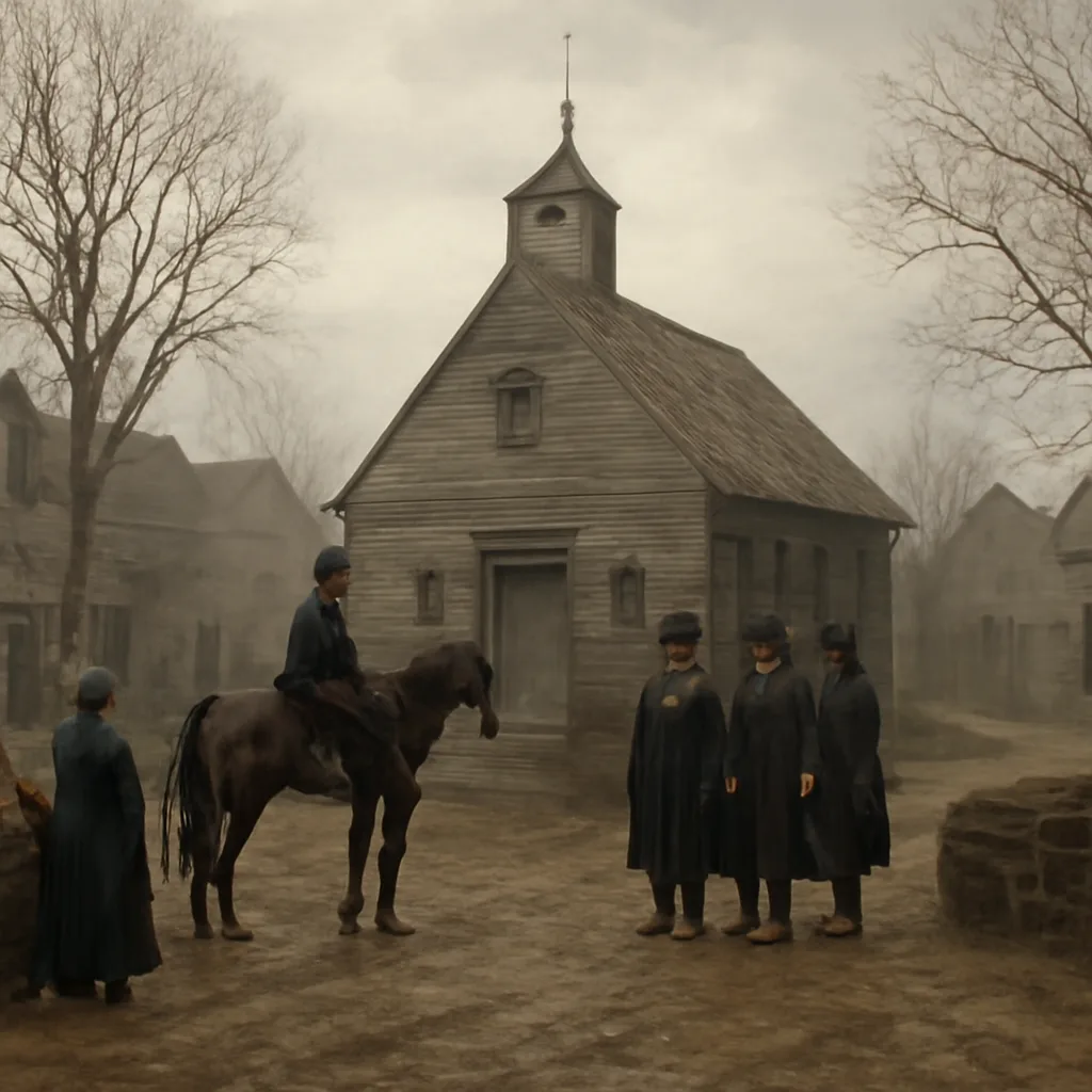 A late 17th-century New England courtroom scene exterior with a colonial official speaking to townspeople near a small timber courthouse; plain wooden houses and leafless trees under a gray sky.