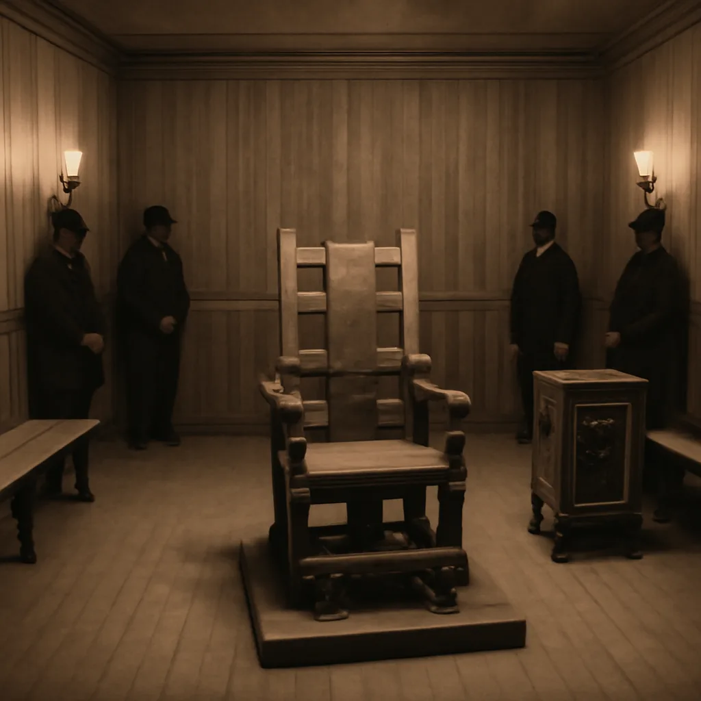 Late 19th-century prison execution chamber with electric chair and observing officials; wooden interior, gas lighting, no identifiable faces.