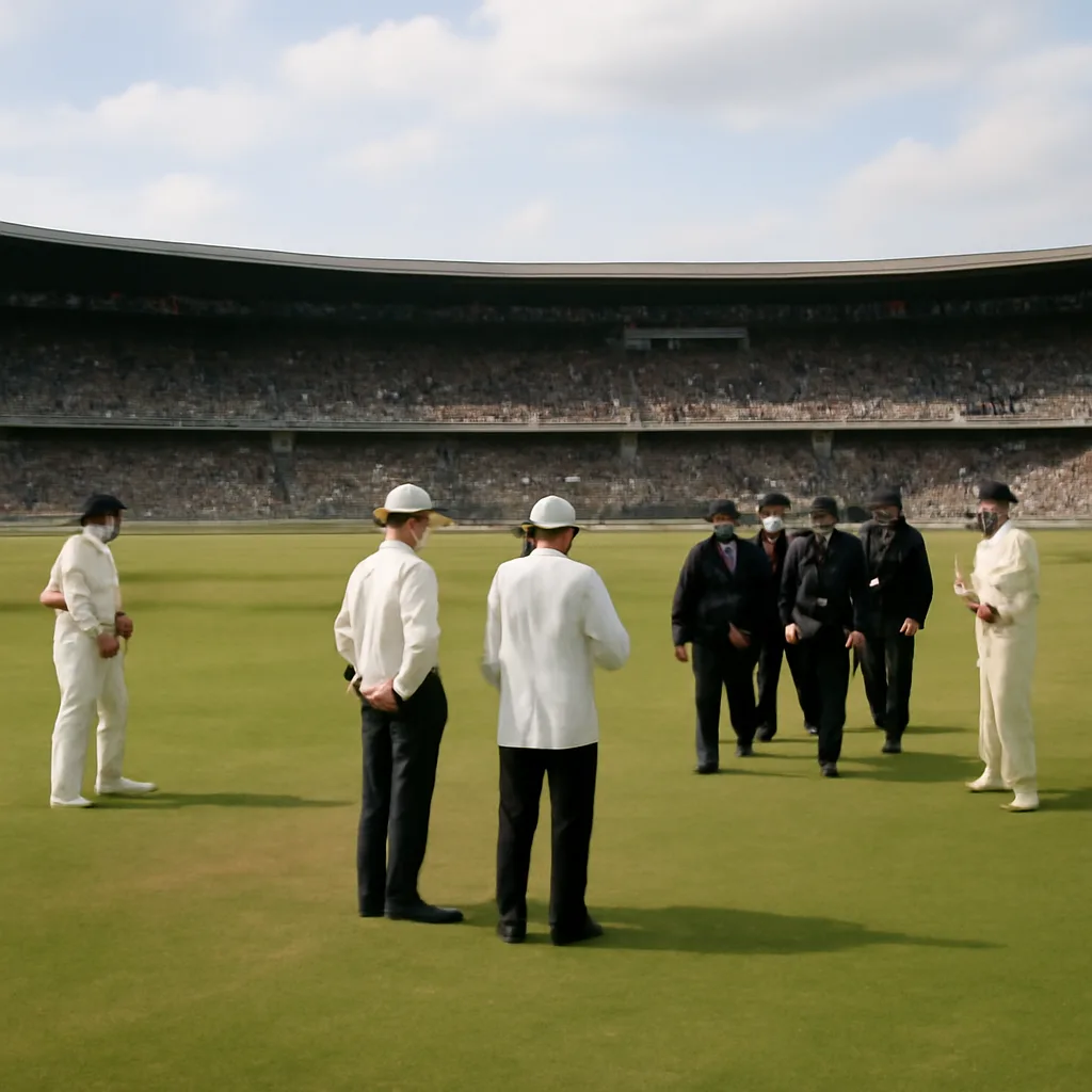 Cricket match scene showing umpires and players on the pitch with police officers nearby; crowd and stadium in the background.