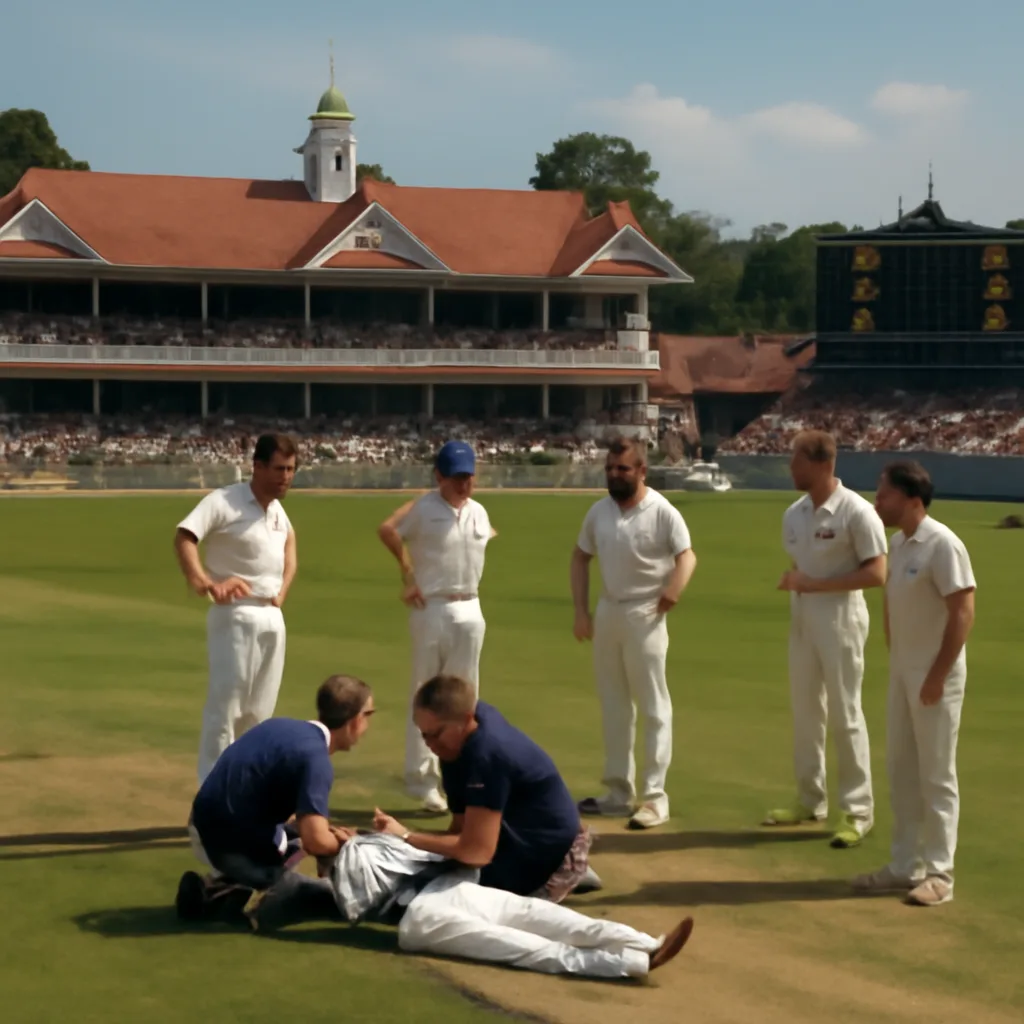 A cricket ground showing players gathered near the pitch with medical staff attending to a player on the turf after a match interruption.