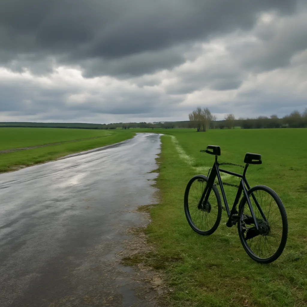A lone bicycle parked beside a wet rural road under a cloudy, stormy sky with puddles and flattened grass at the roadside.