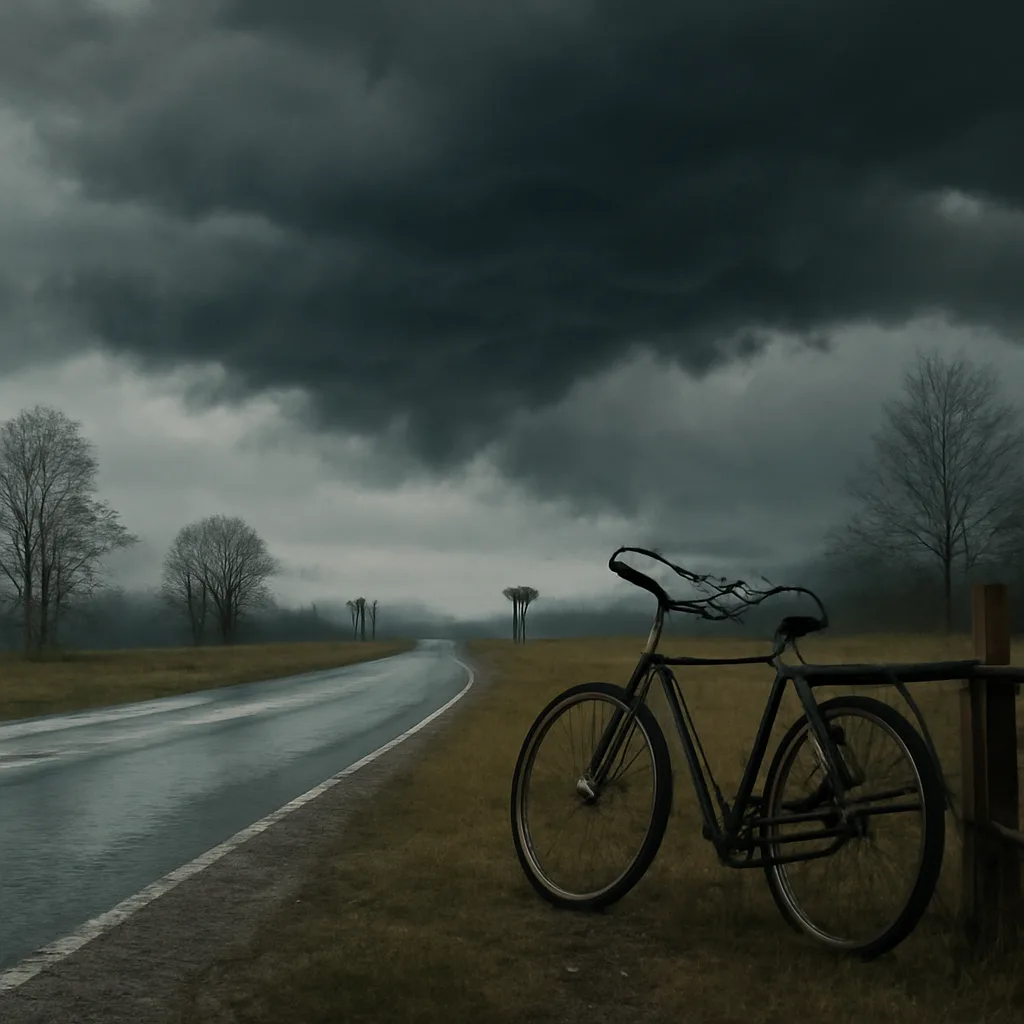 A cyclist on a road standing beside a bicycle under an overcast sky with distant storm clouds approaching; scene shows wet pavement and an empty roadside, no identifiable faces.