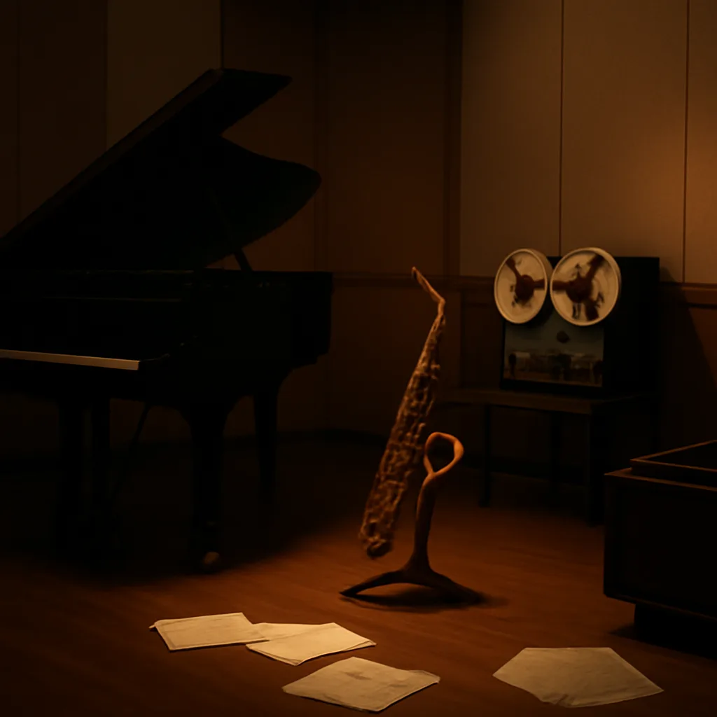 Album-cover–era studio setting with saxophone, piano, reel-to-reel tape machine and sheet music on a table, evoking a 2010s recording session without showing identifiable faces.
