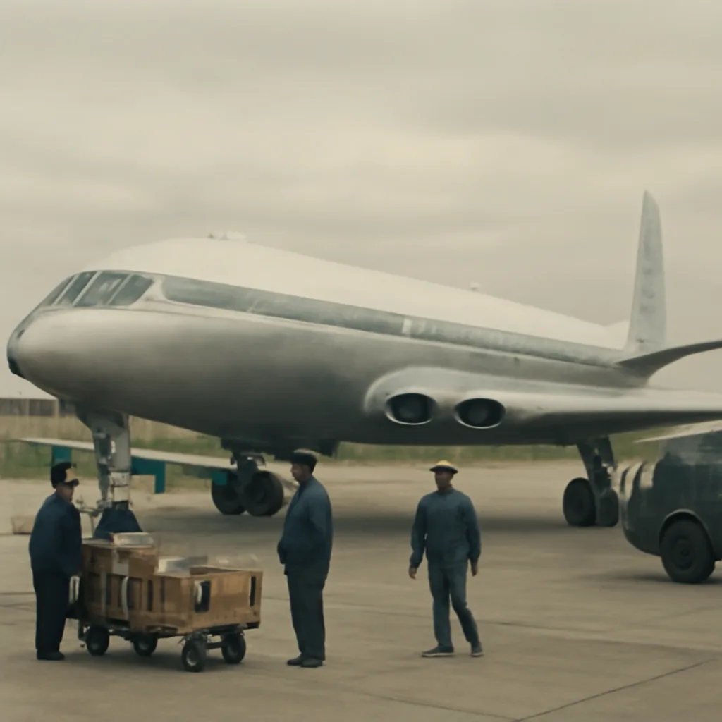A 1950s de Havilland Comet on the tarmac with ground crew and luggage carts, viewed from a distance at a mid-20th-century airport with period vehicles and terminal buildings.