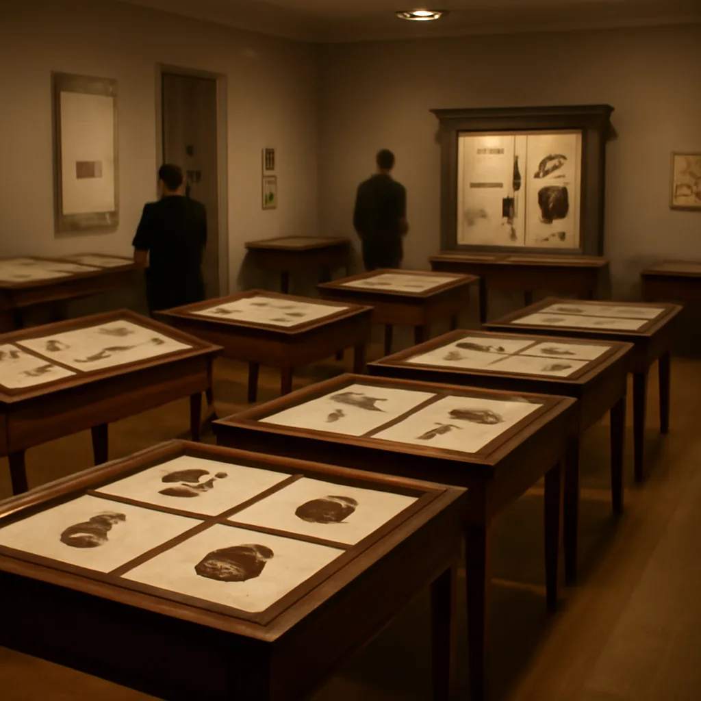 Glass display cases in a mid-20th-century museum room showing rectangular, dark-brown fragments of ancient parchment and papyrus laid flat with labels and soft lighting.