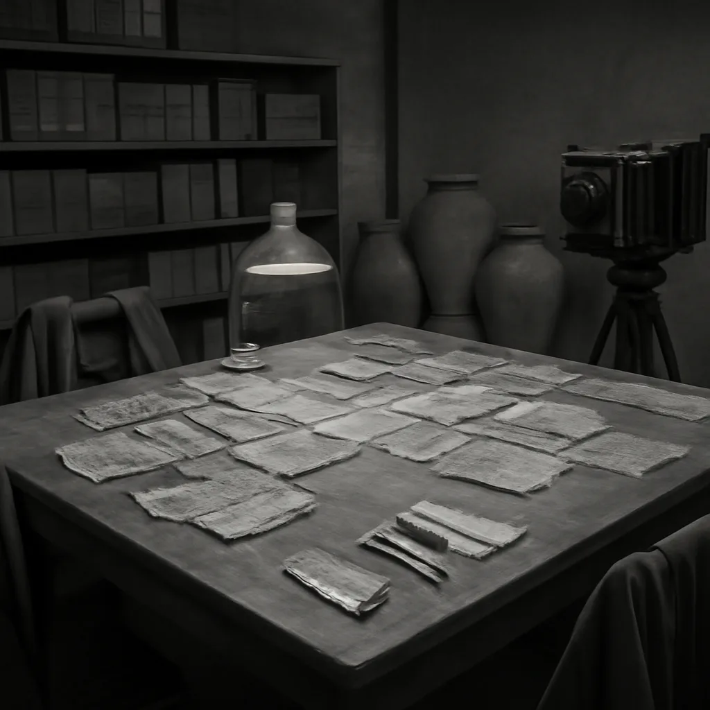 Fragments of ancient parchment and pottery jars arranged on a table with measuring scales and archival gloves visible, evoking archaeological conservation of the Dead Sea Scrolls.