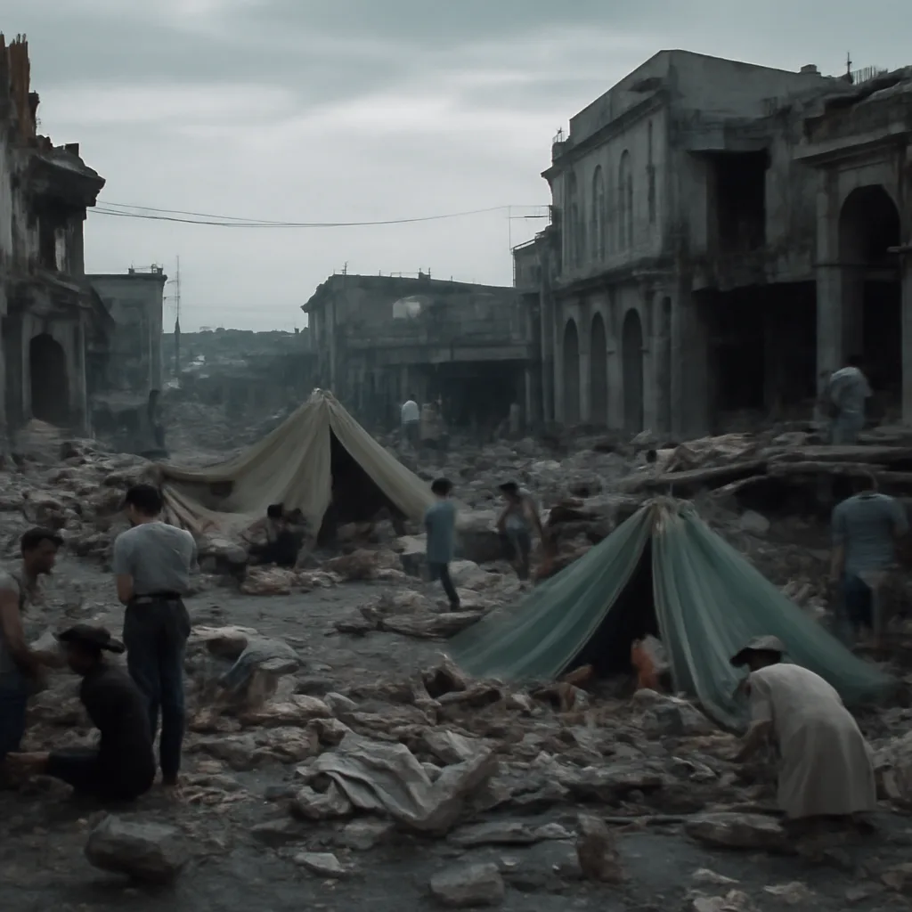 Rubble-strewn streets of Managua after the June 23, 1972 earthquake, showing collapsed buildings, twisted metal, and tents or makeshift shelters amid debris.