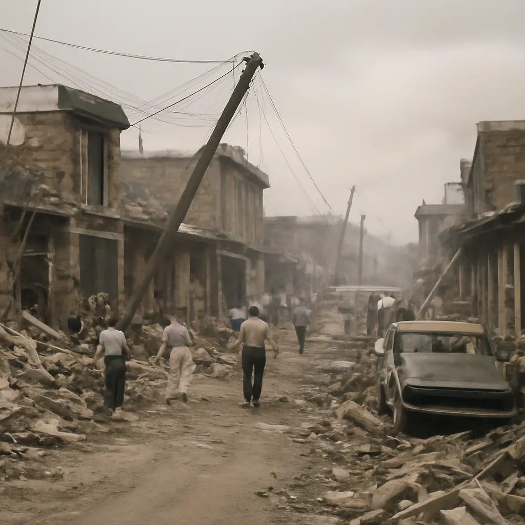 Collapsed and damaged buildings in an urban neighborhood in El Salvador after the October 1986 earthquake; rubble, damaged roads, and people assessing destruction.