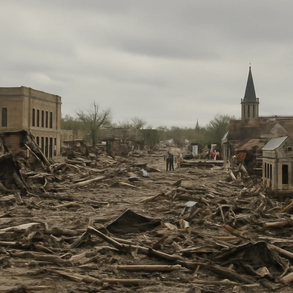 Rubble-strewn street in a small Texas town after a large explosion, showing demolished buildings, scattered debris, and emergency vehicles; overcast sky, no identifiable faces.