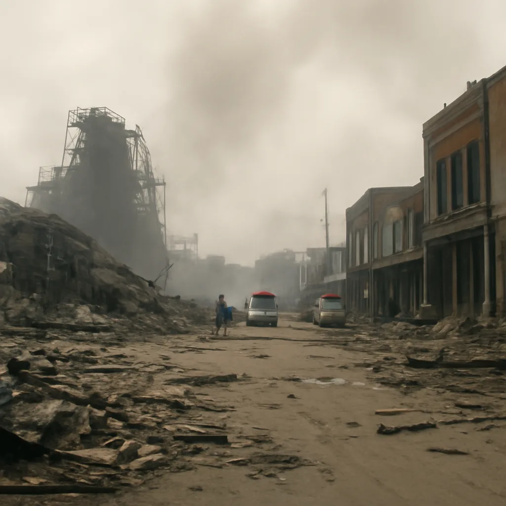 Ruined industrial site and surrounding neighborhood after a large explosion: collapsed building frames, scattered debris, damaged homes and shattered windows, emergency vehicles at scene, smoke lingering in the sky.