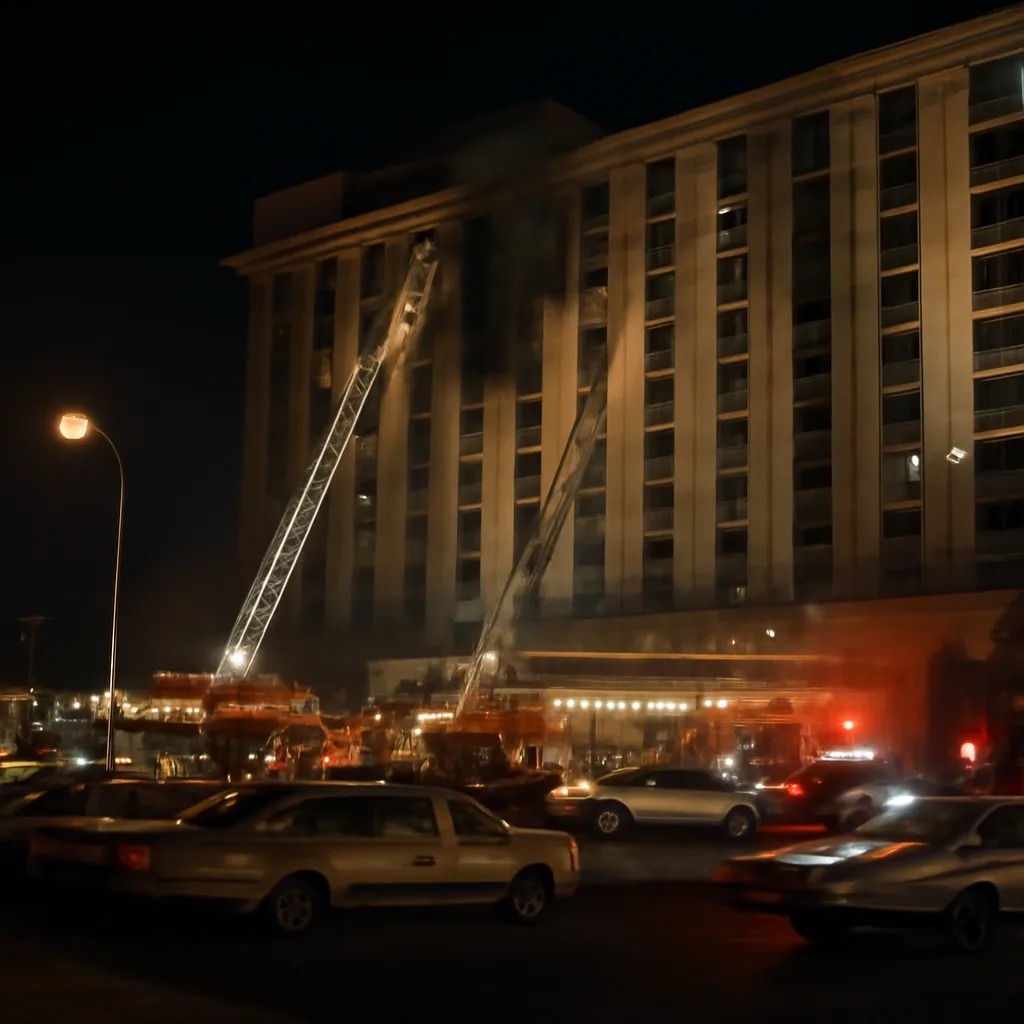 Exterior view of a large multi-story Las Vegas hotel at night in 1980, with emergency vehicles and personnel on scene and sections cordoned off for investigation.