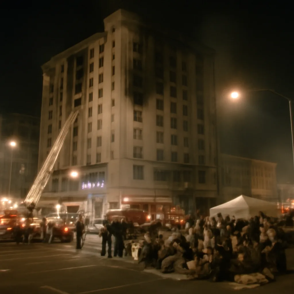 Exterior of a multi-story Las Vegas hotel at night with fire-damaged upper floors, emergency vehicles and flashing lights on the street, and firefighters working at the scene.