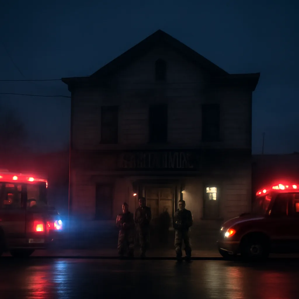 Exterior of a small, two-story wood-frame former firehouse-turned-nightclub at night with emergency vehicles and firefighters at the scene; smoke stains visible above the entrance.
