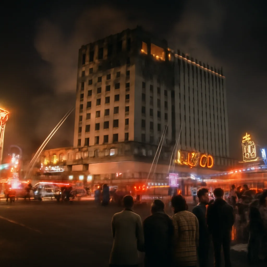 Exterior view of a large Las Vegas casino-hotel at night with emergency vehicles and fire department apparatus parked outside; smoke stains on upper floors and sections of façade damaged by fire.