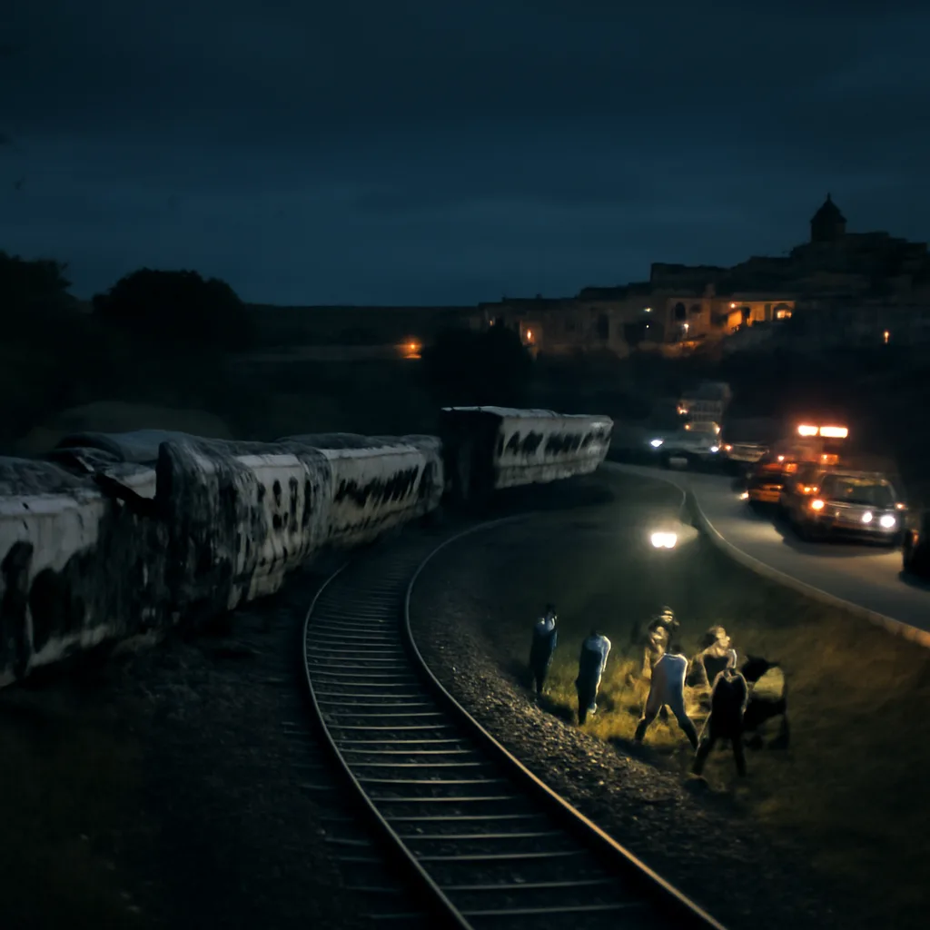 Derailment site near Angrois, Santiago de Compostela: twisted passenger train carriages on a curved section of track beside a rural embankment, emergency vehicles and responders at the scene during night operations.