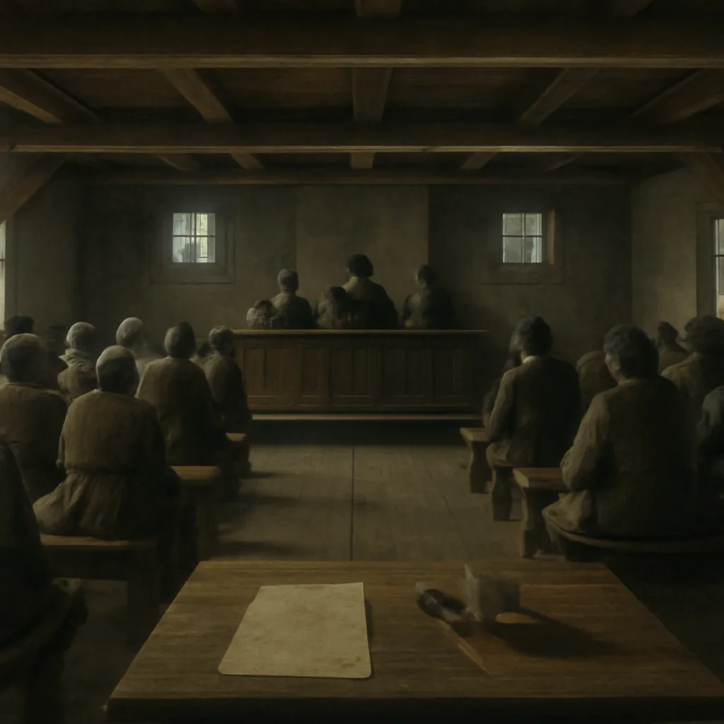 A late 17th-century New England courtroom scene: a wooden meetinghouse interior with benches, a raised table for magistrates, inked documents on a clerk's desk, and shadowed figures representing accused villagers.