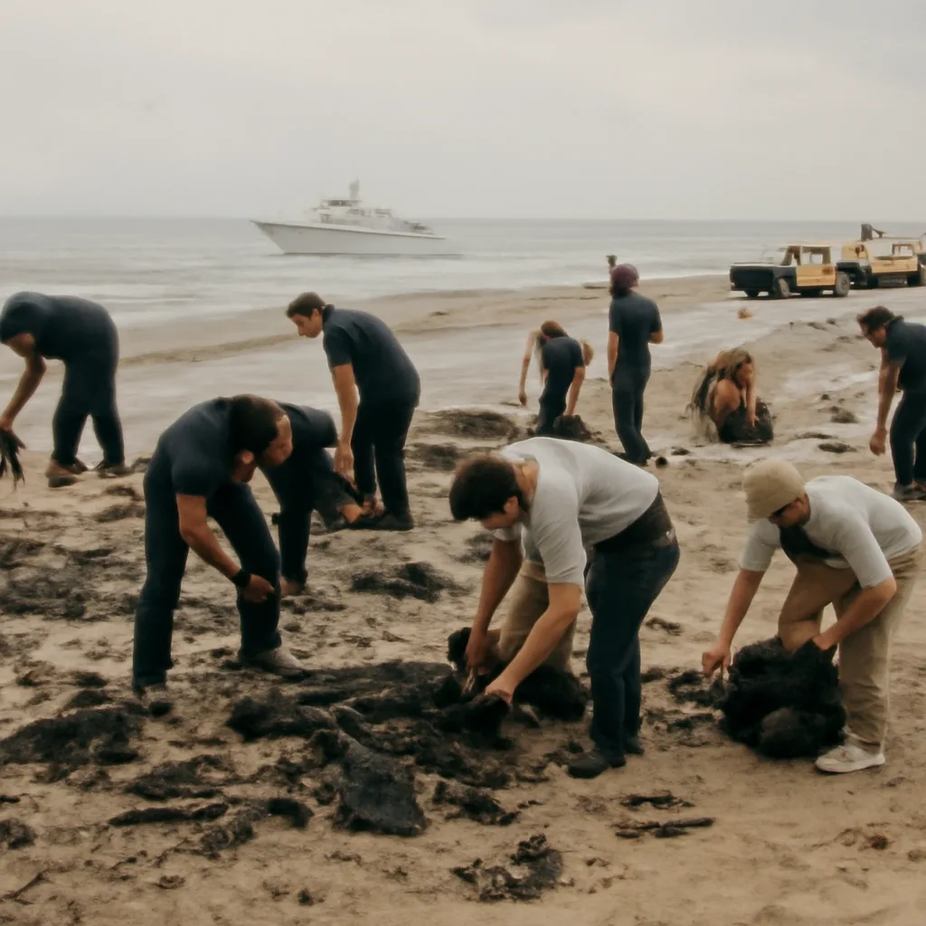 Workers and volunteers on a Florida beach collecting fragments of shuttle debris, including charred insulation and small tile pieces, with emergency vehicles in the background.