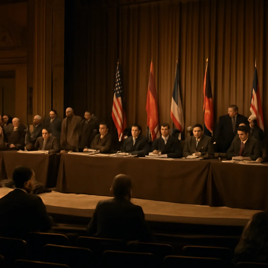 Delegates seated and standing in the San Francisco Opera House during the signing of the United Nations Charter in June 1945, with documents and flags displayed on stage.